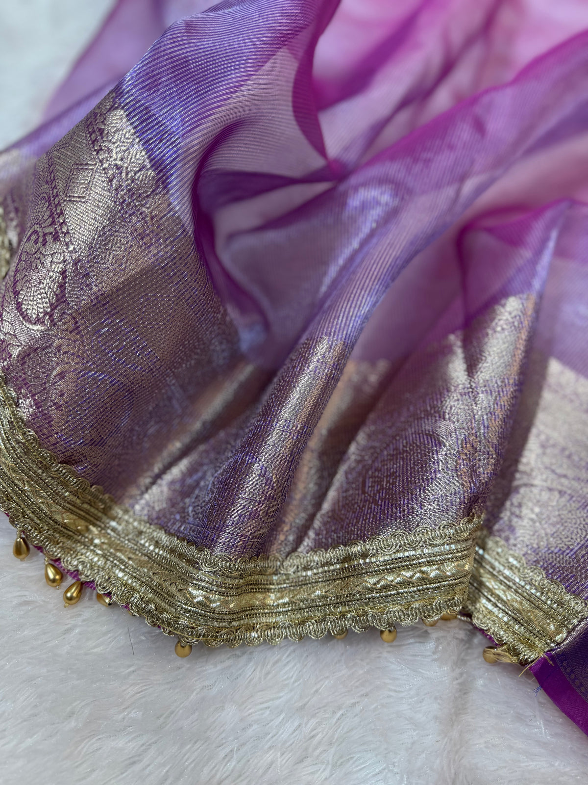Purple Tissue Silk Saree With Golden Ghungroo Butti Work & Luxury Lace Border