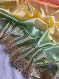 Dual Shade Peach & Mint Banarasi Tissue Silk Saree With Golden Ghunghroo Butti, Mirror Work & Luxury Lace