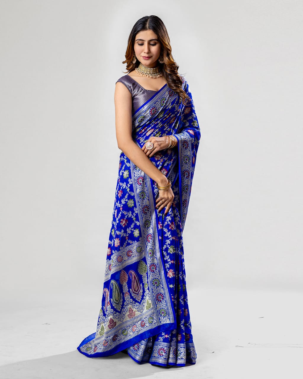 Royal Blue Pure Chiffon Silk Banarasi Saree