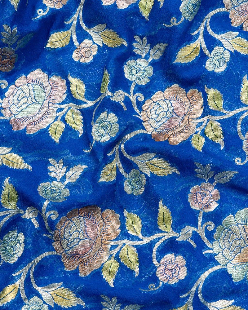 Peacock Blue With Handbrush Pure Khaddi Georgette Silk Banarasi Saree