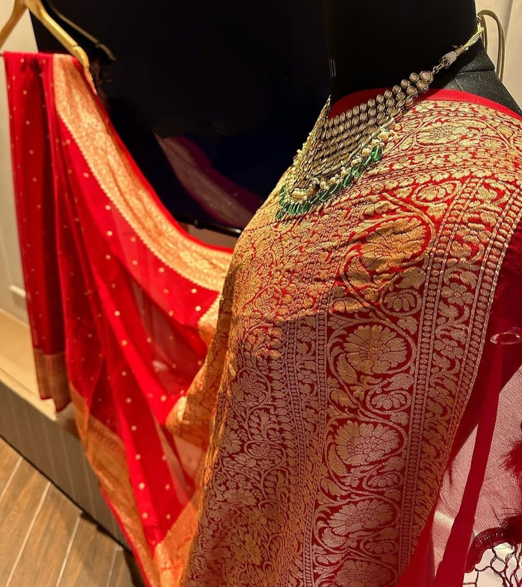 Red Pure Khaddi Georgette Silk Banarasi Border Dana Saree
