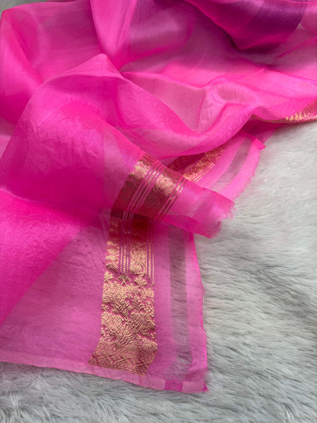 Pink Pure Kora Organza Silk Banarasi Saree