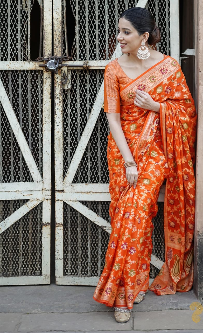 Fanta Orange Pure Khaddi Chiffon Silk Banarasi Saree