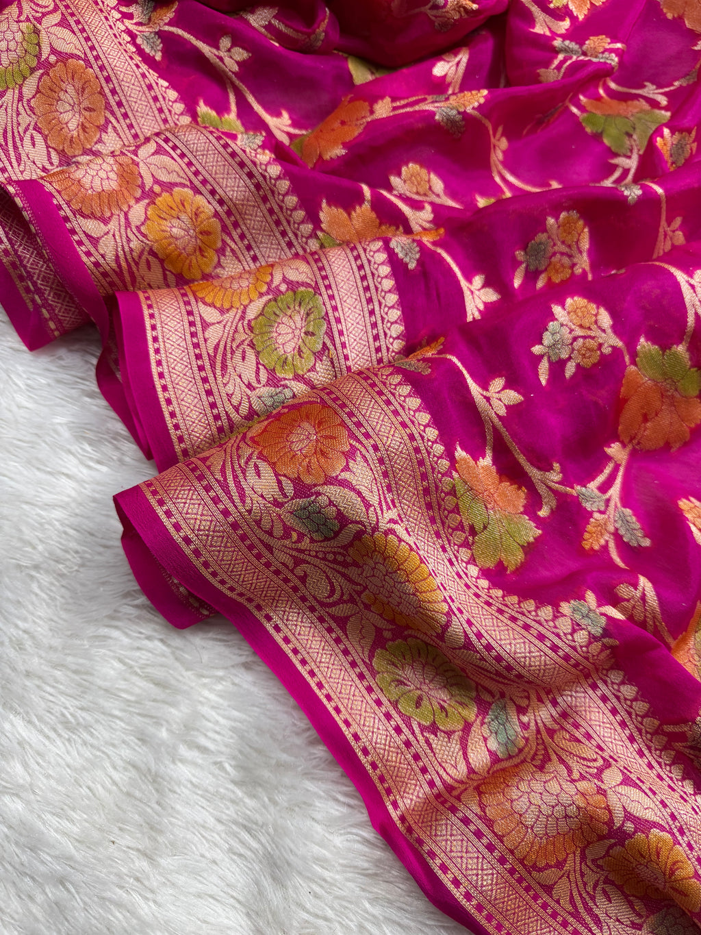 Rani Pink Handbrush Meenakari Pure Chiffon Silk Banarasi Saree
