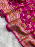 Rani Pink Handbrush Meenakari Pure Chiffon Silk Banarasi Saree
