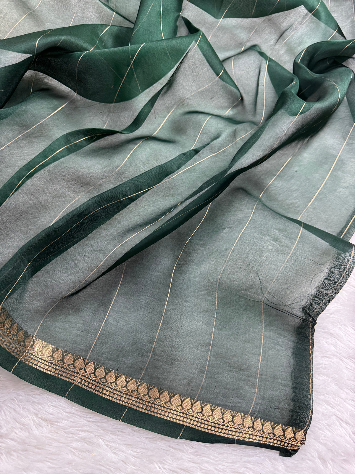 Mustard Yellow & Bottle Green Pure Kora Organza Silk Banarasi Saree