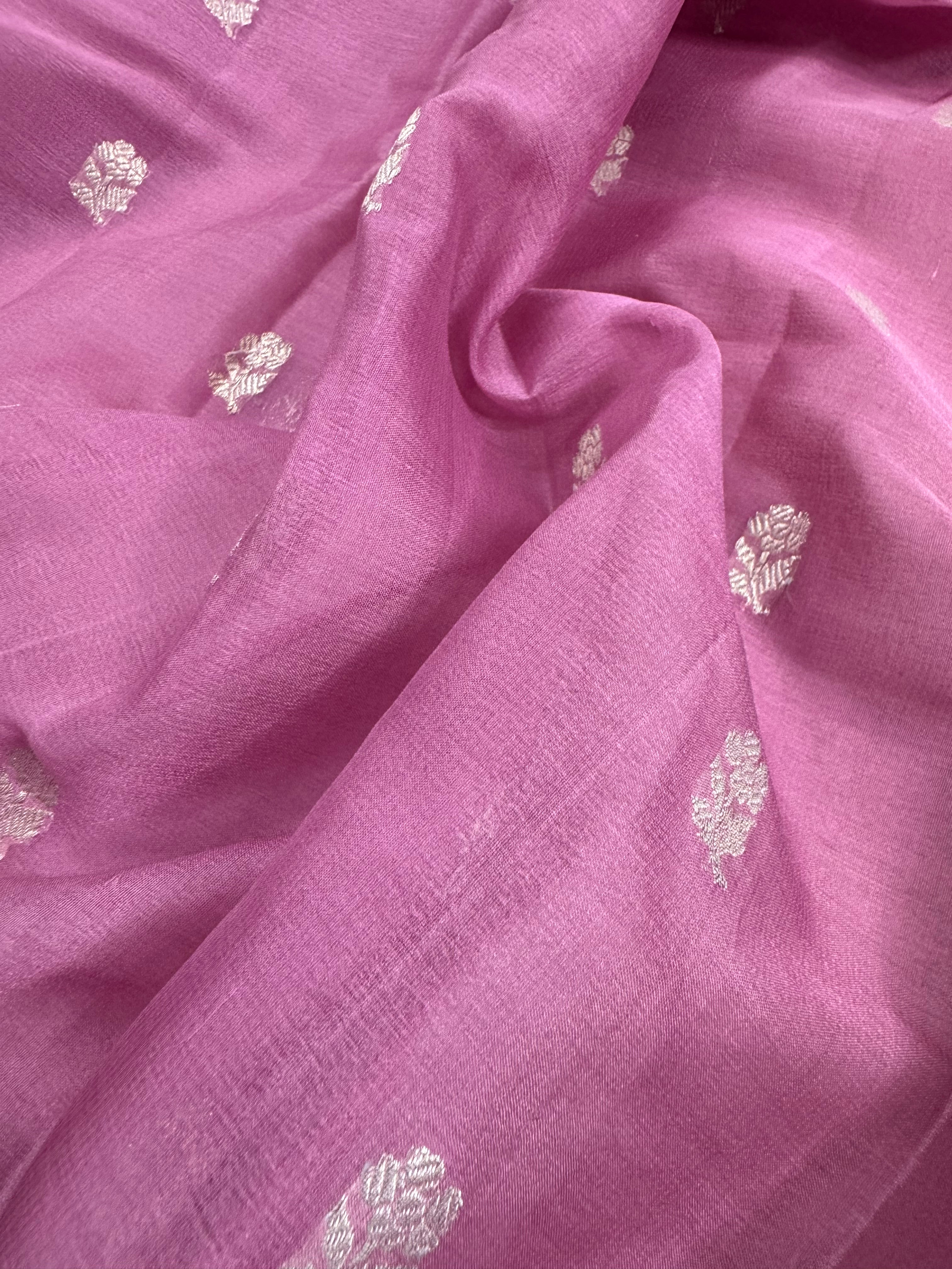 Dusty Rose Pink & Wine Pure Khaddi Chiffon Silk Banarasi Saree