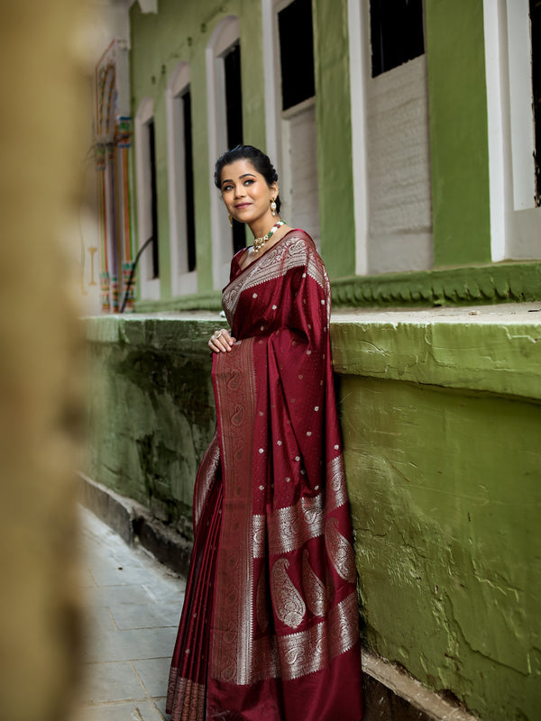Garnet Wine Swarovski Intricate Stone Work Banarasi Mashru Silk Saree