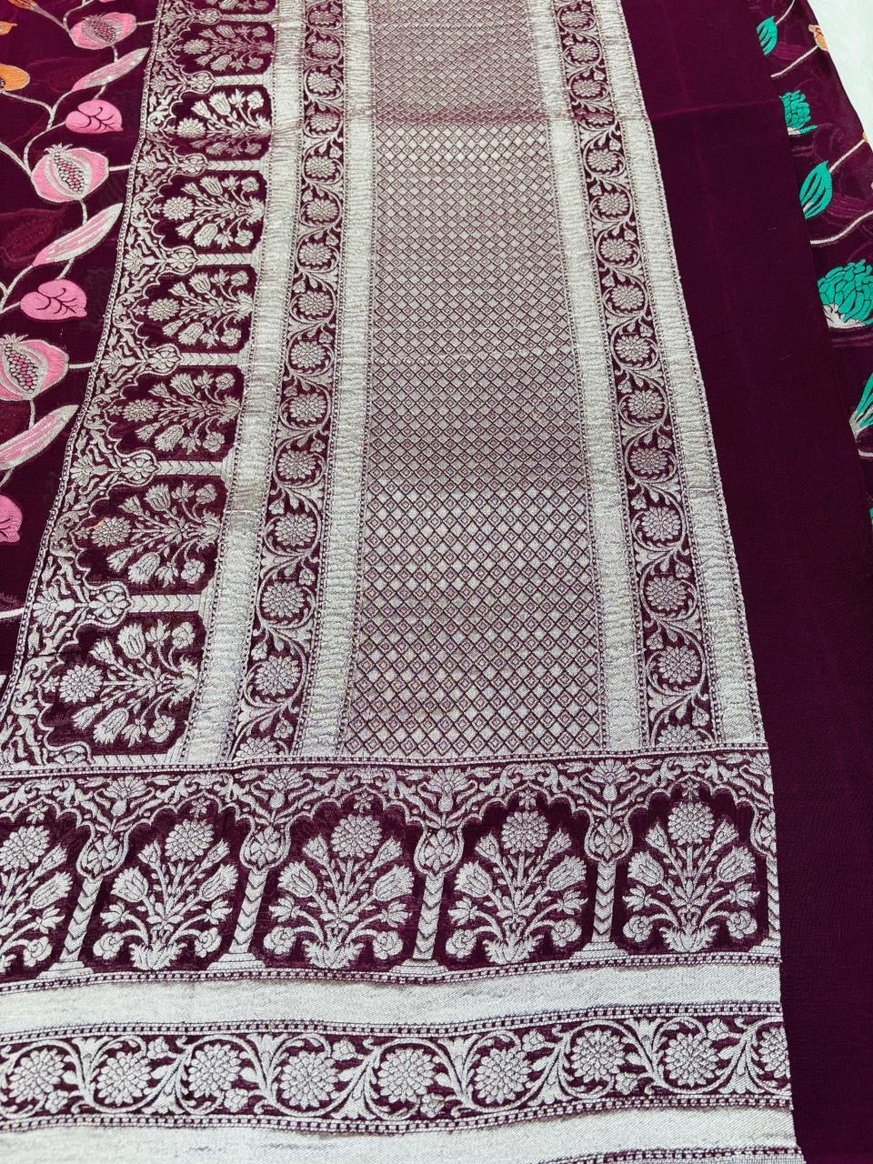 Deep Red Pure Tusser Georgette With Floral Meenakari Jall Banarasi Saree