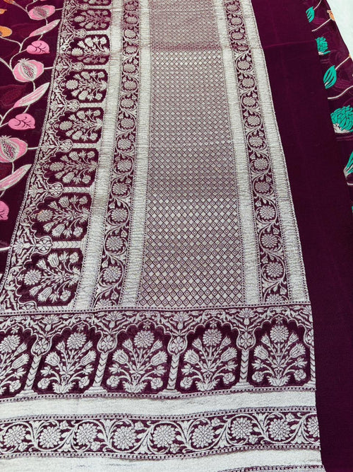 Deep Red Pure Tusser Georgette With Floral Meenakari Jall Banarasi Saree