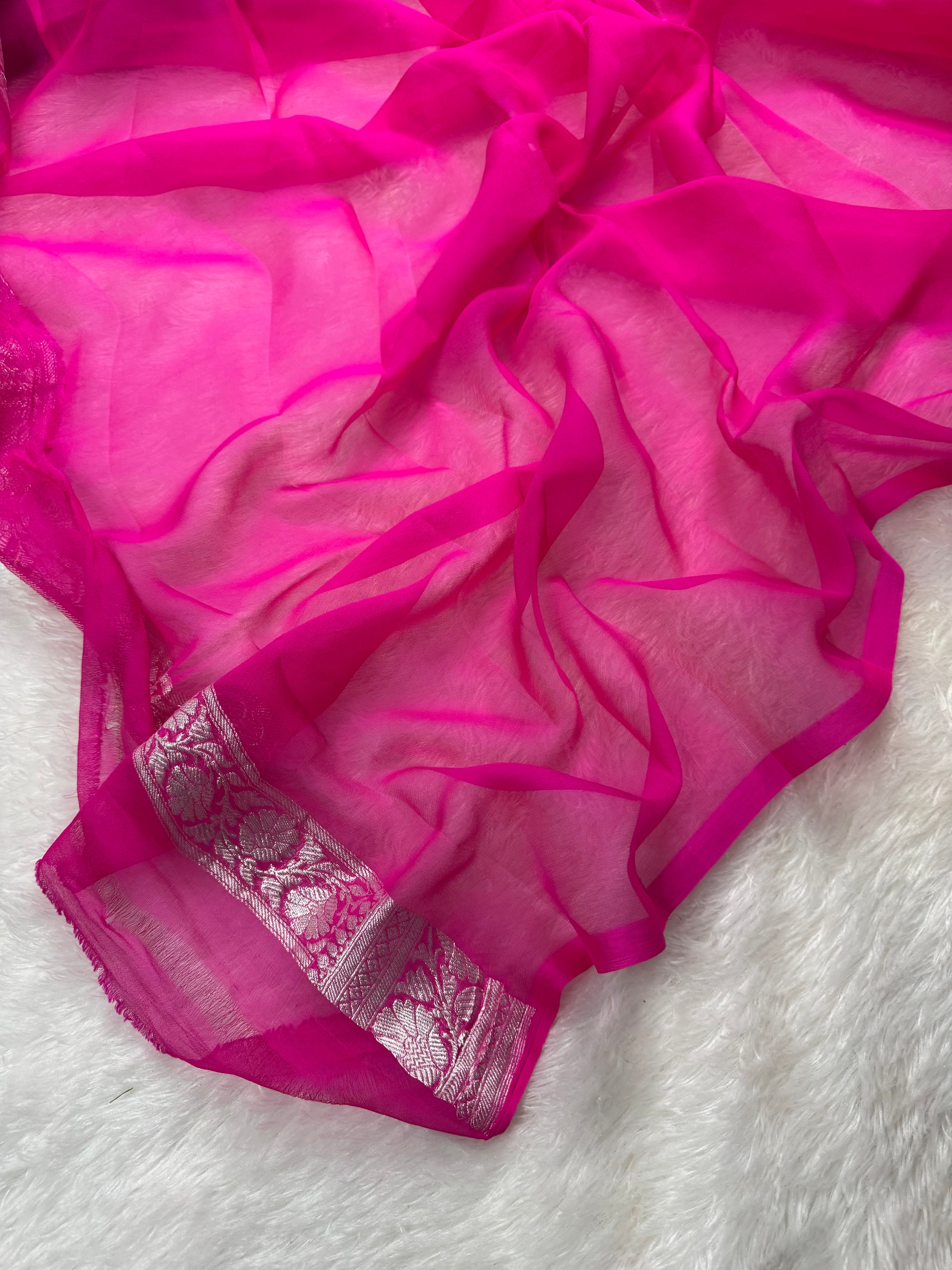 Hot Pink Pure Khaddi Chiffon Silk Banarasi Saree