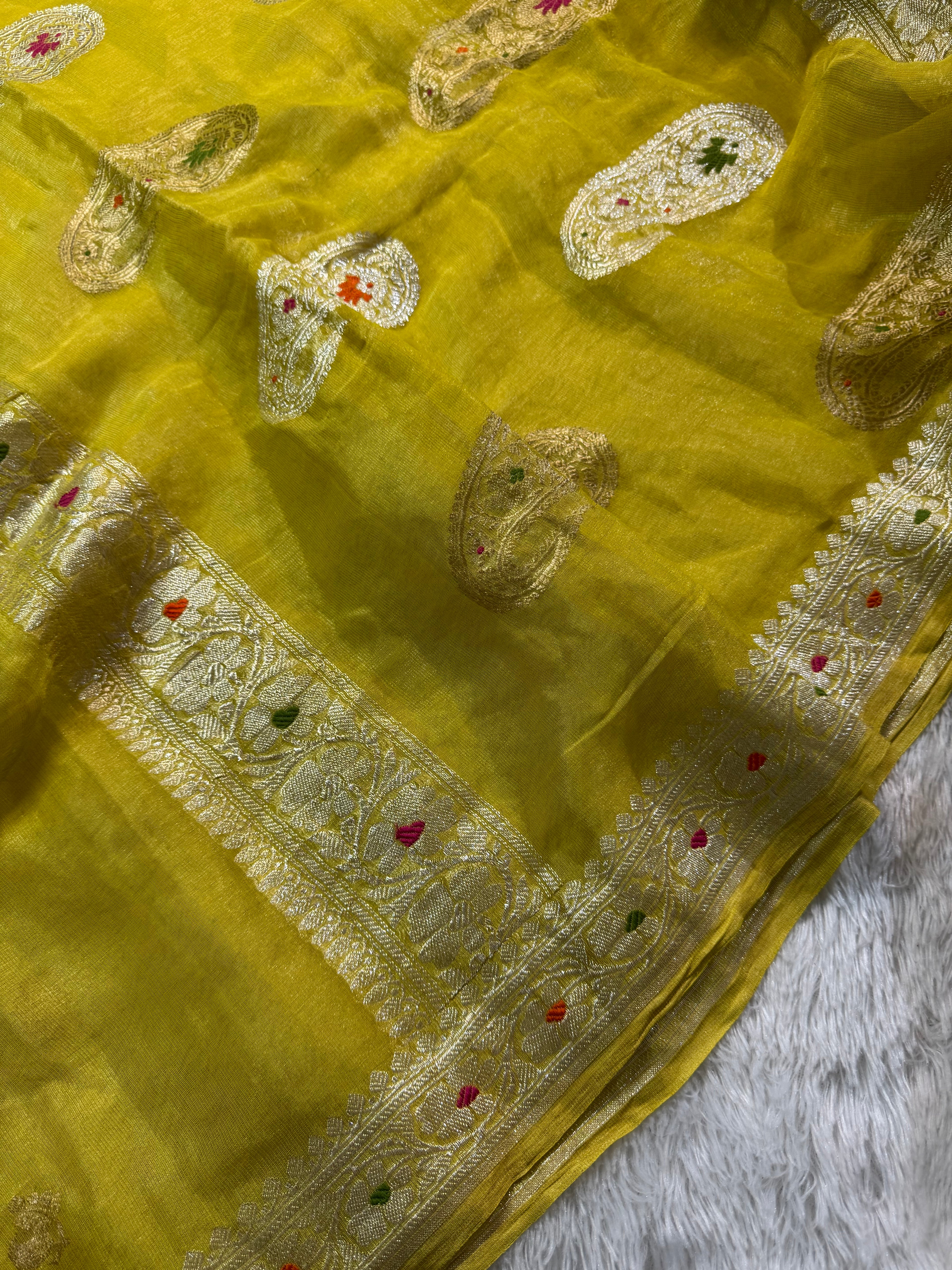 Yellow Pure Khaddi Tissue Chiffon Sona & Roopa Meenakari Banarasi Saree