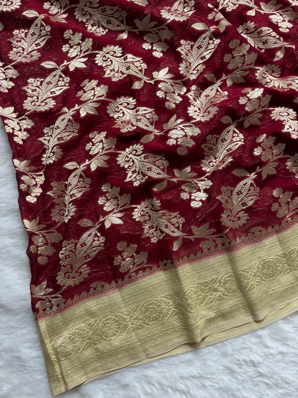 Maroon & Tusser Pure Khaddi Georgette Silk Banarasi Saree