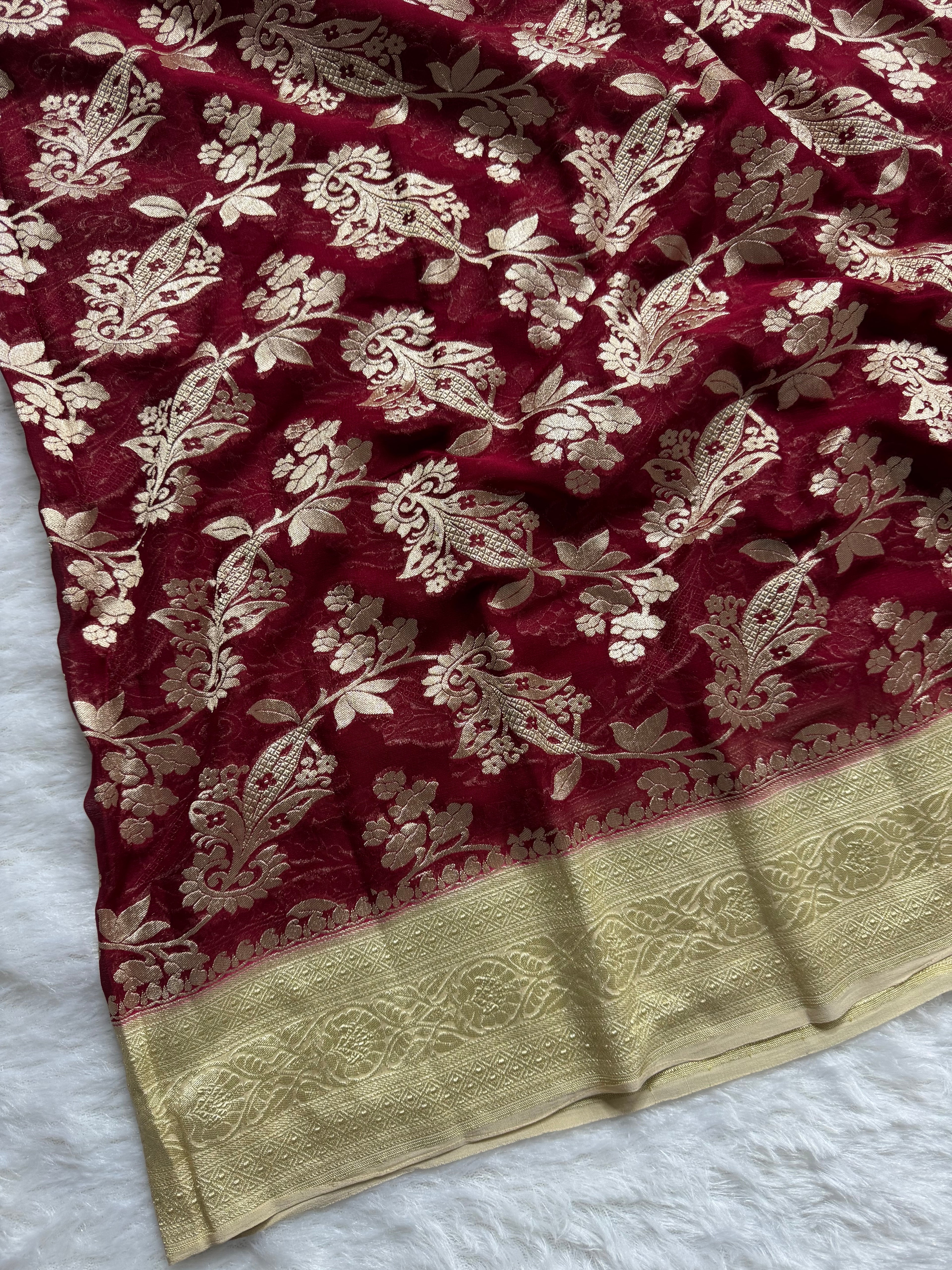 Maroon & Tusser Pure Khaddi Georgette Silk Banarasi Saree