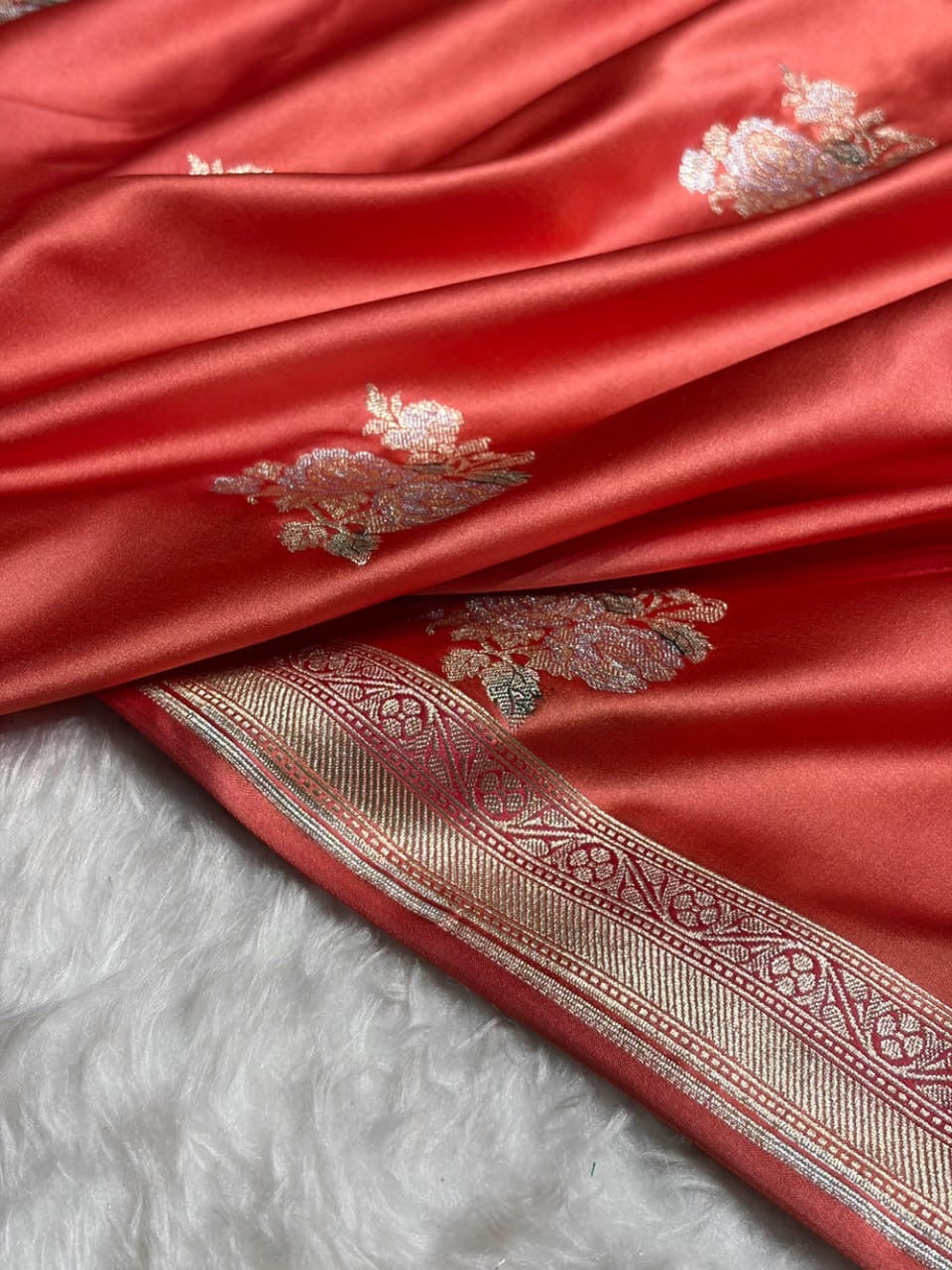 Peach Meenakari Mashru Katan Silk Banarasi Saree