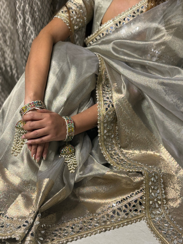 Moonlight Grey Banarasi Rajkumari Mirror Work Tissue Silk Saree