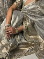 Moonlight Grey Banarasi Rajkumari Mirror Work Tissue Silk Saree