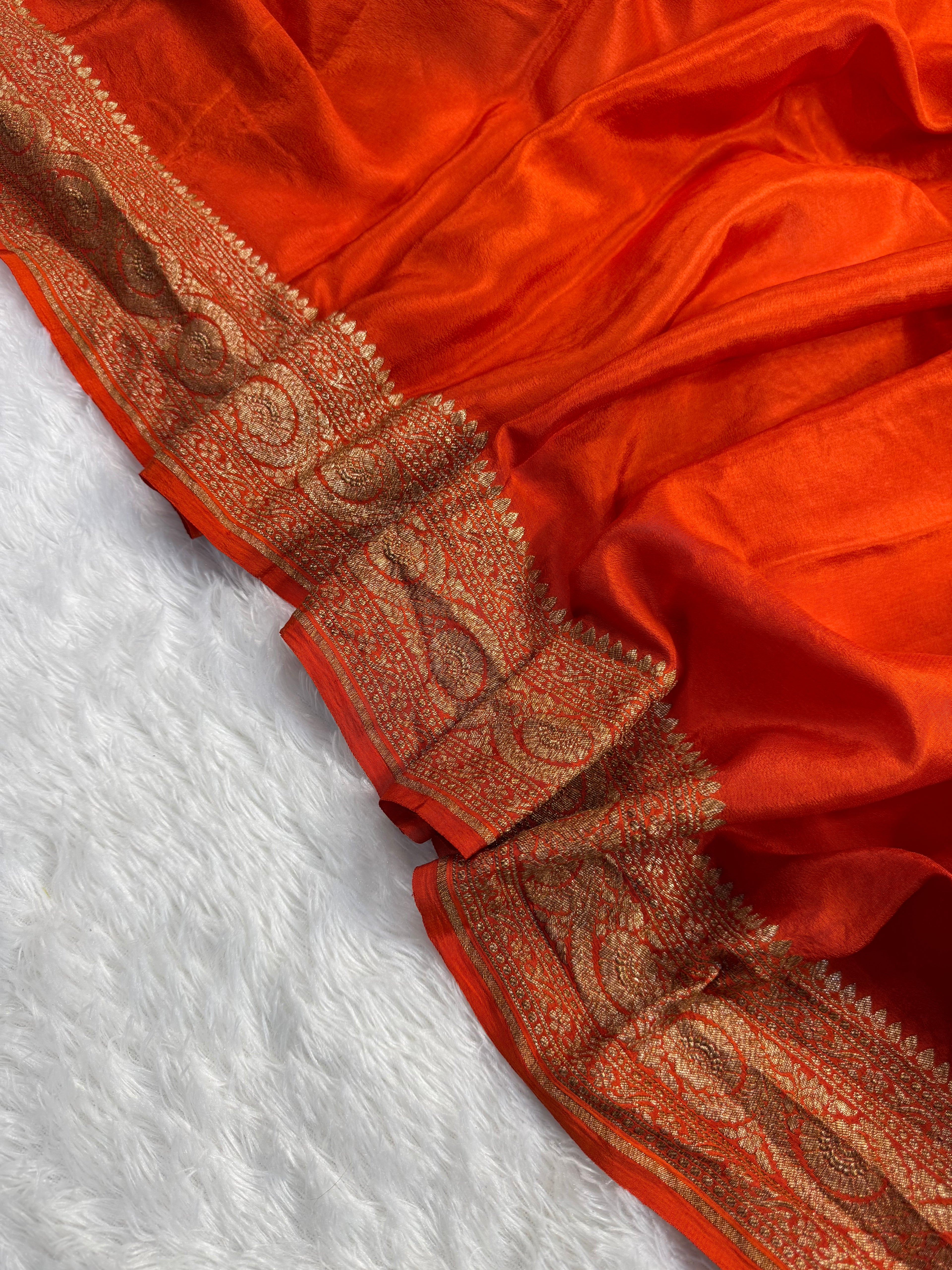 Rust Pure Khaddi Crep Silk Banarasi Saree