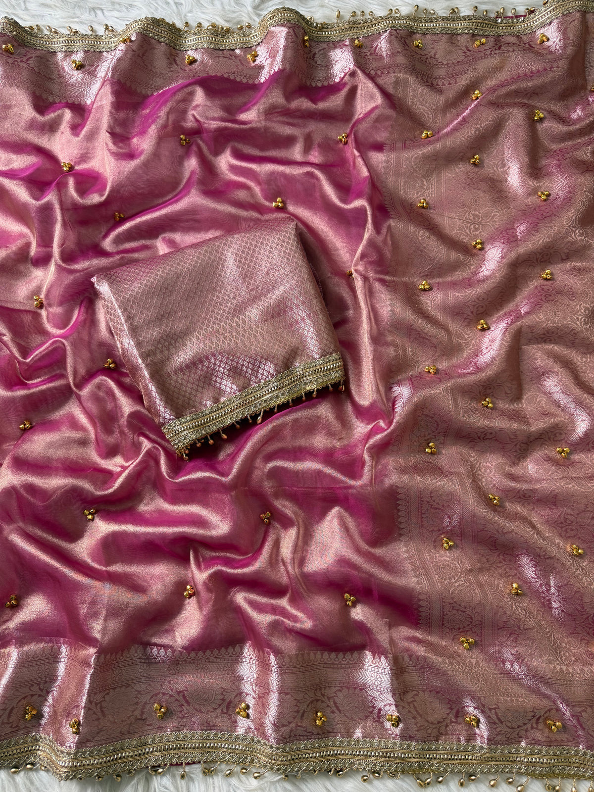 Pink Tissue Silk Saree With Golden Ghungroo Butti Work & Luxury Lace Border