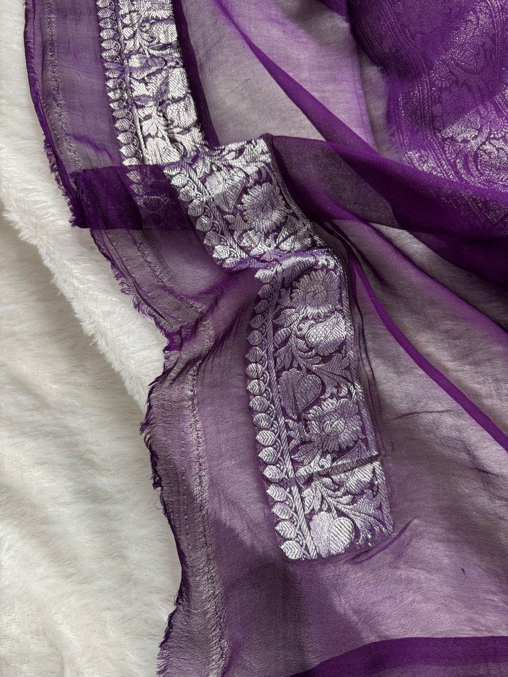 Rani Pink & Deep Purple Pure Khaddi Chiffon Silk Banarasi Saree