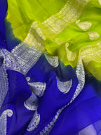 Royal Blue & Parrot Green Pure Khaddi Chiffon Silk Banarasi Saree