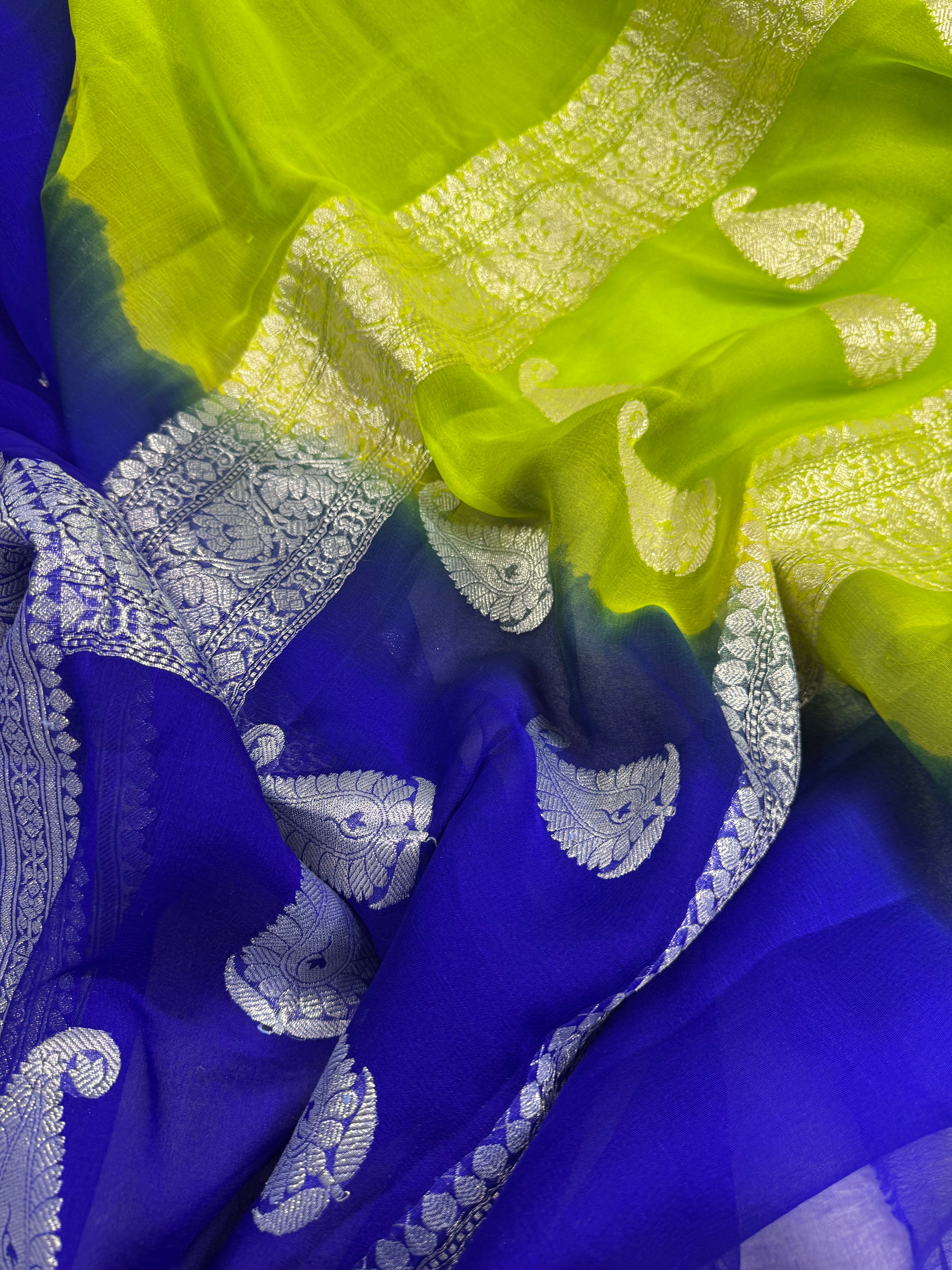Royal Blue & Parrot Green Pure Khaddi Chiffon Silk Banarasi Saree