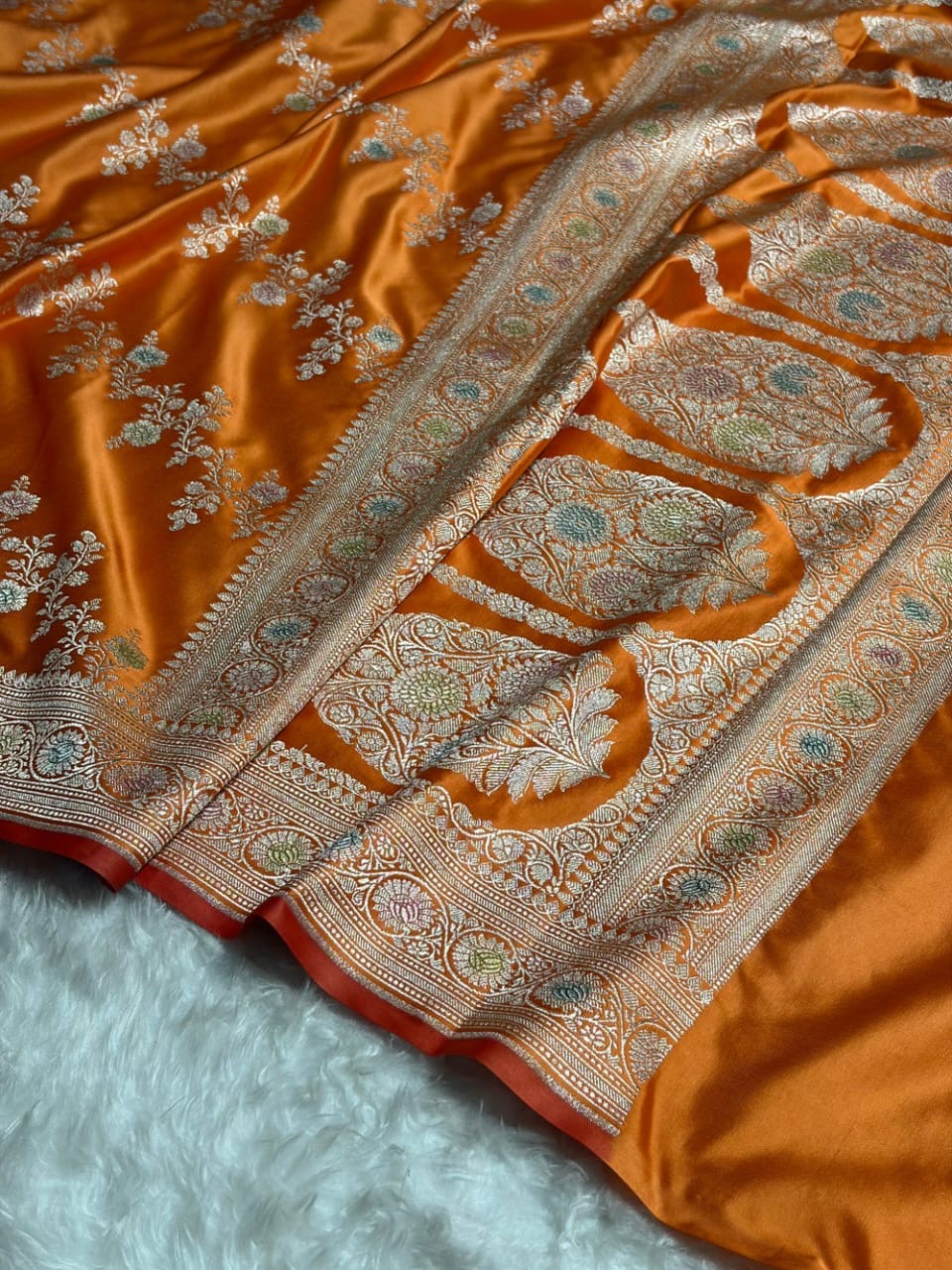 Burnt Orange Meenakri Mashru Katan Silk Banarasi Saree