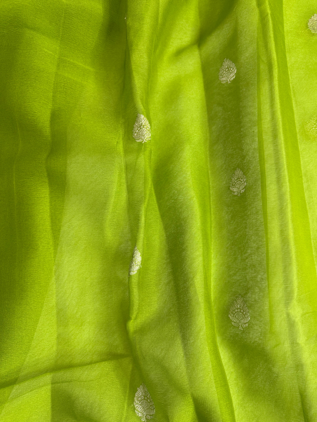 Lime Green & Rani Pink Pure Khaddi Chiffon Silk Banarasi Saree