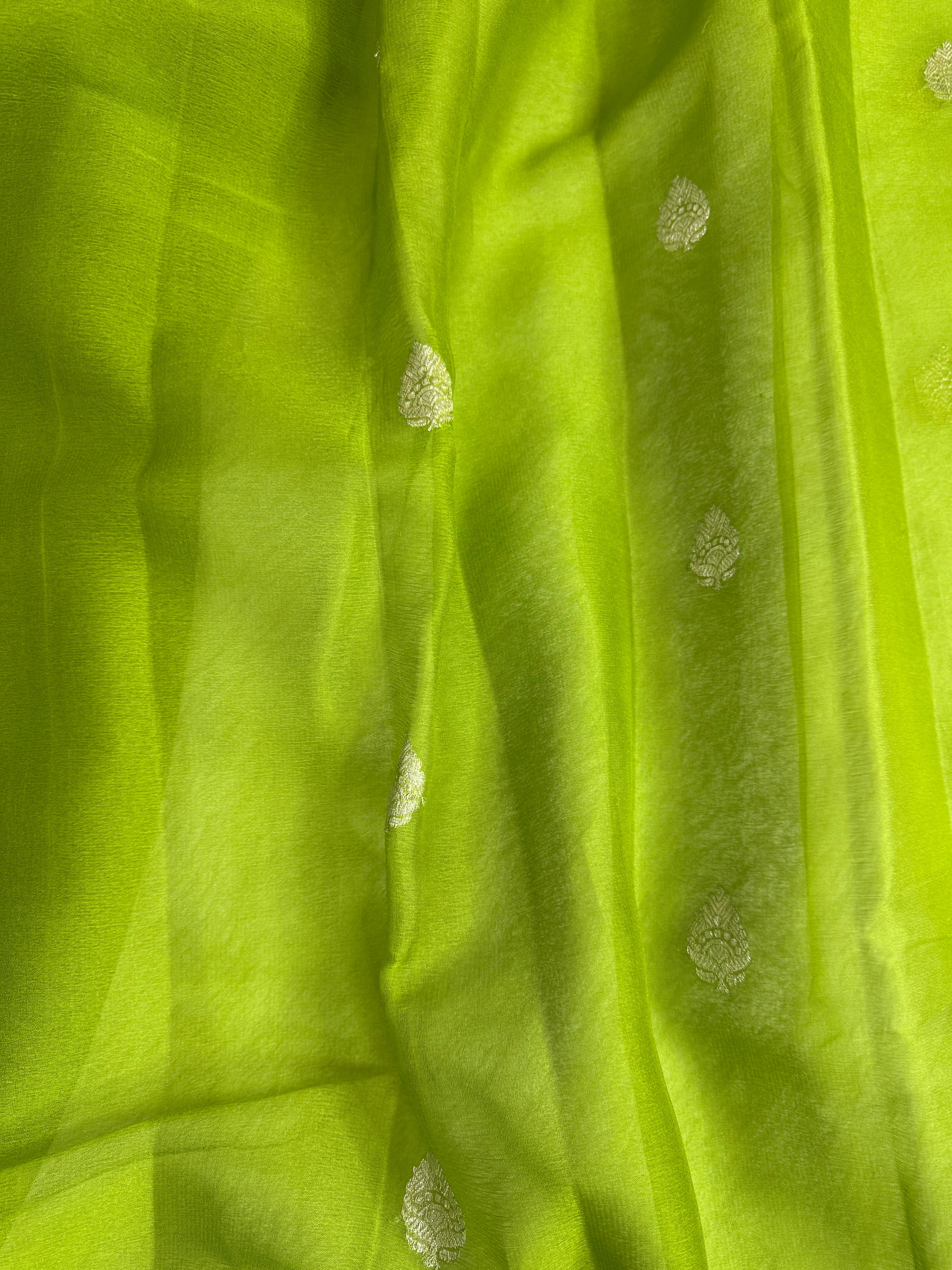 Lime Green & Rani Pink Pure Khaddi Chiffon Silk Banarasi Saree