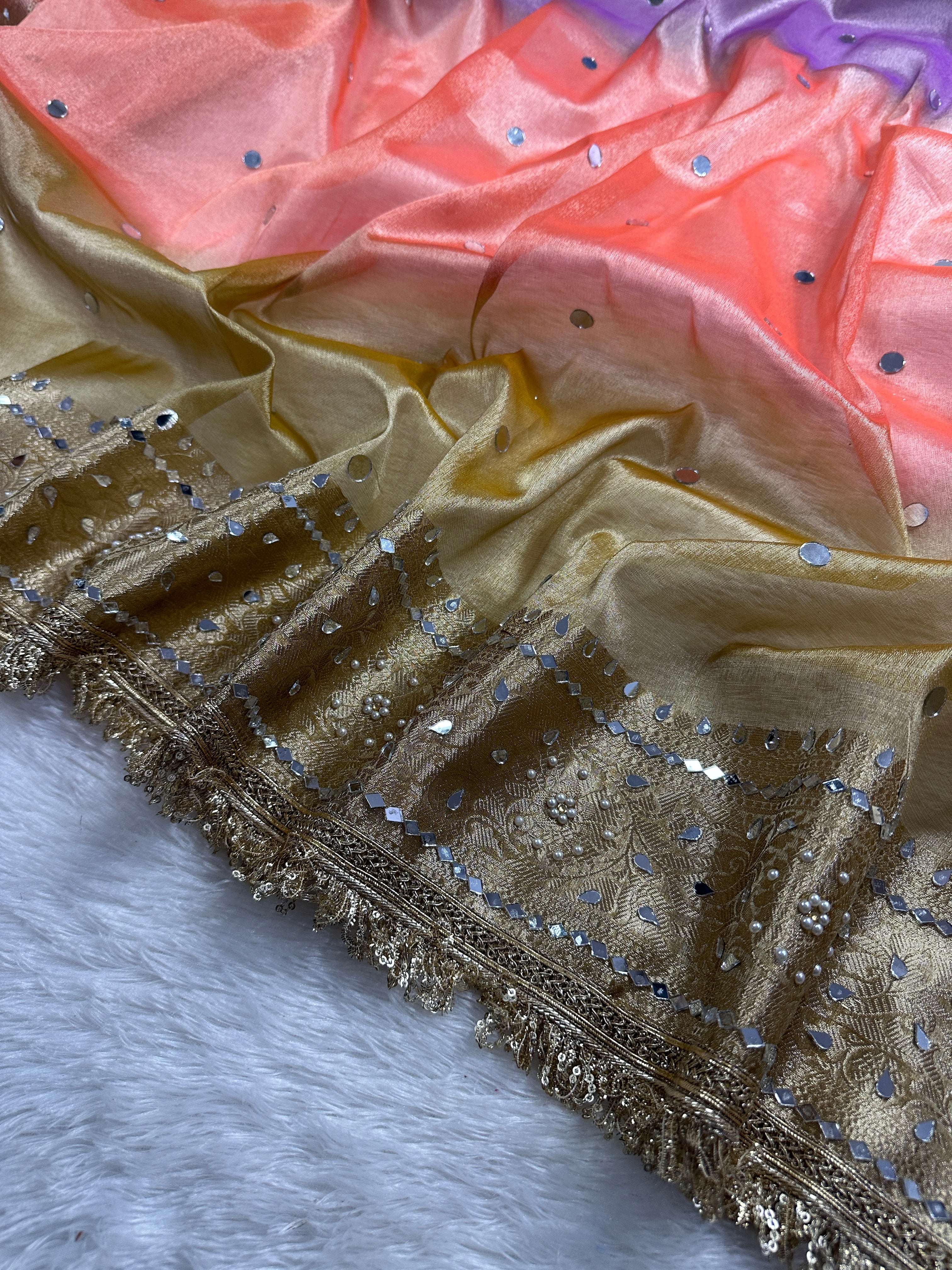 Peach, Lavender & Gold Tissue Silk Saree With Mirror Work, Pearl Detailing & Designer Lace Border