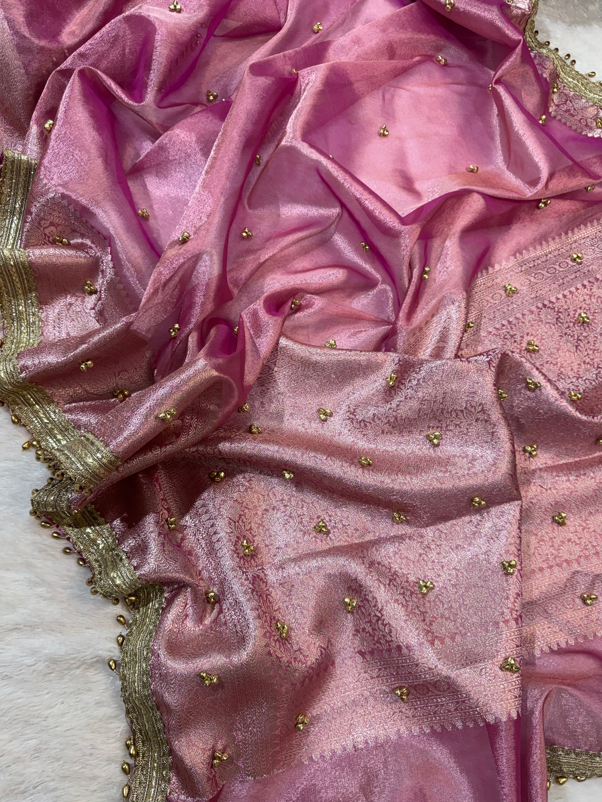 Pink Tissue Silk Saree With Golden Ghungroo Butti Work & Luxury Lace Border