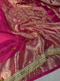 Rani Pink Tissue Silk Saree With Golden Ghungroo Butti Work & Luxury Lace Border