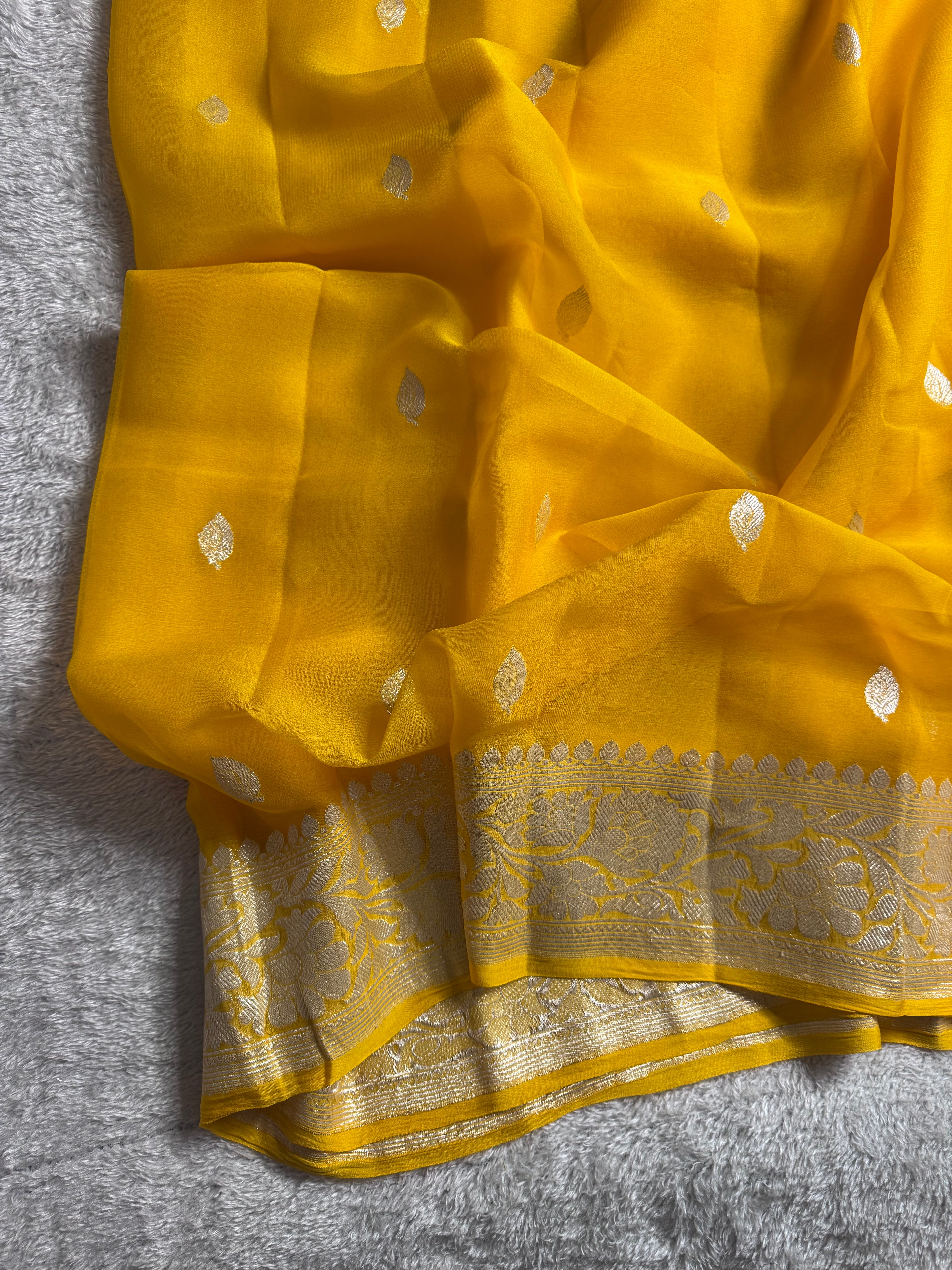 Mustard Yellow Pure Khaddi Chiffon Silk Banarasi Saree