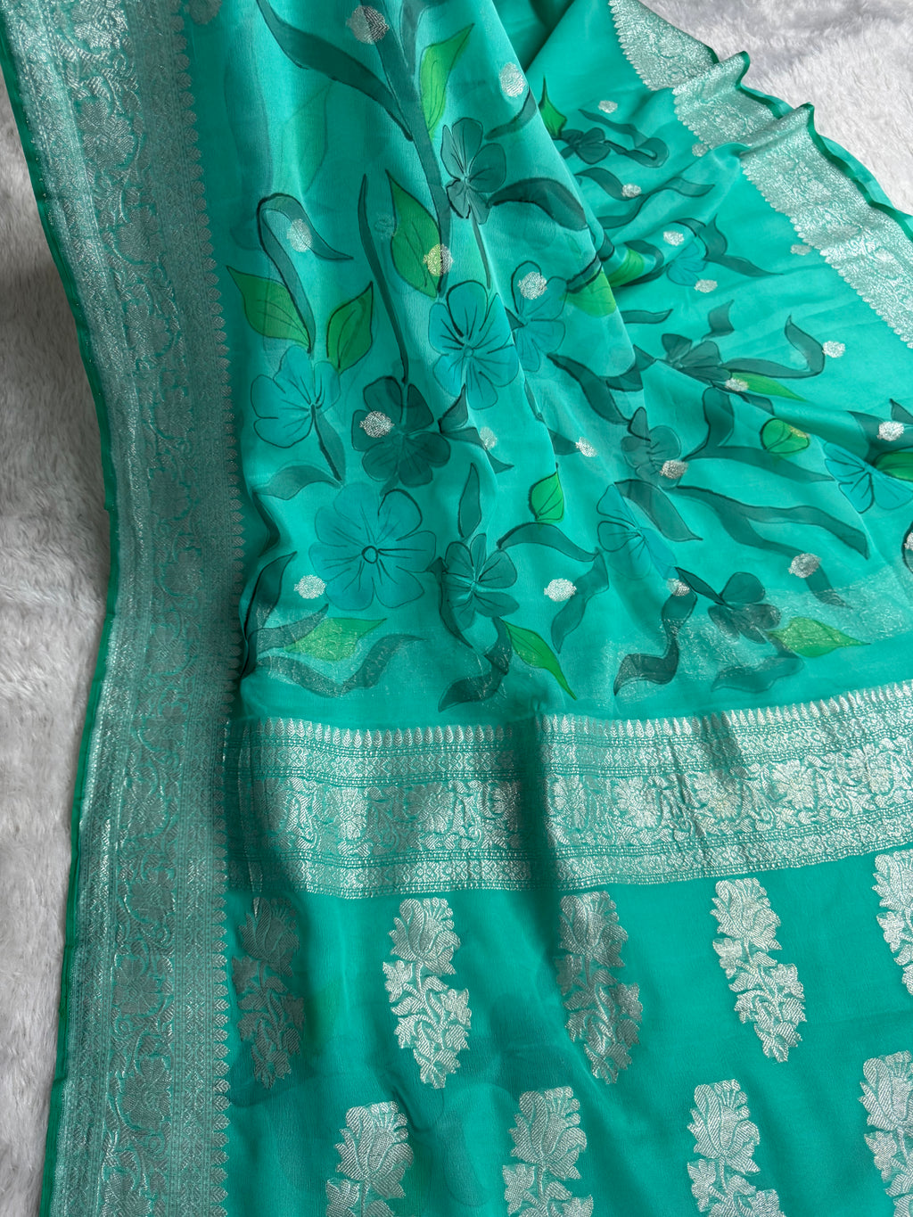 Sea Green Handbrush Pure Khaddi Chiffon Silk Banarasi Saree