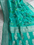 Sea Green Handbrush Pure Khaddi Chiffon Silk Banarasi Saree