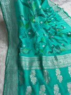 Sea Green Handbrush Pure Khaddi Chiffon Silk Banarasi Saree