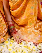 Mustard Orange With Handbrush Pure Khaddi Georgette Silk Banarasi Saree