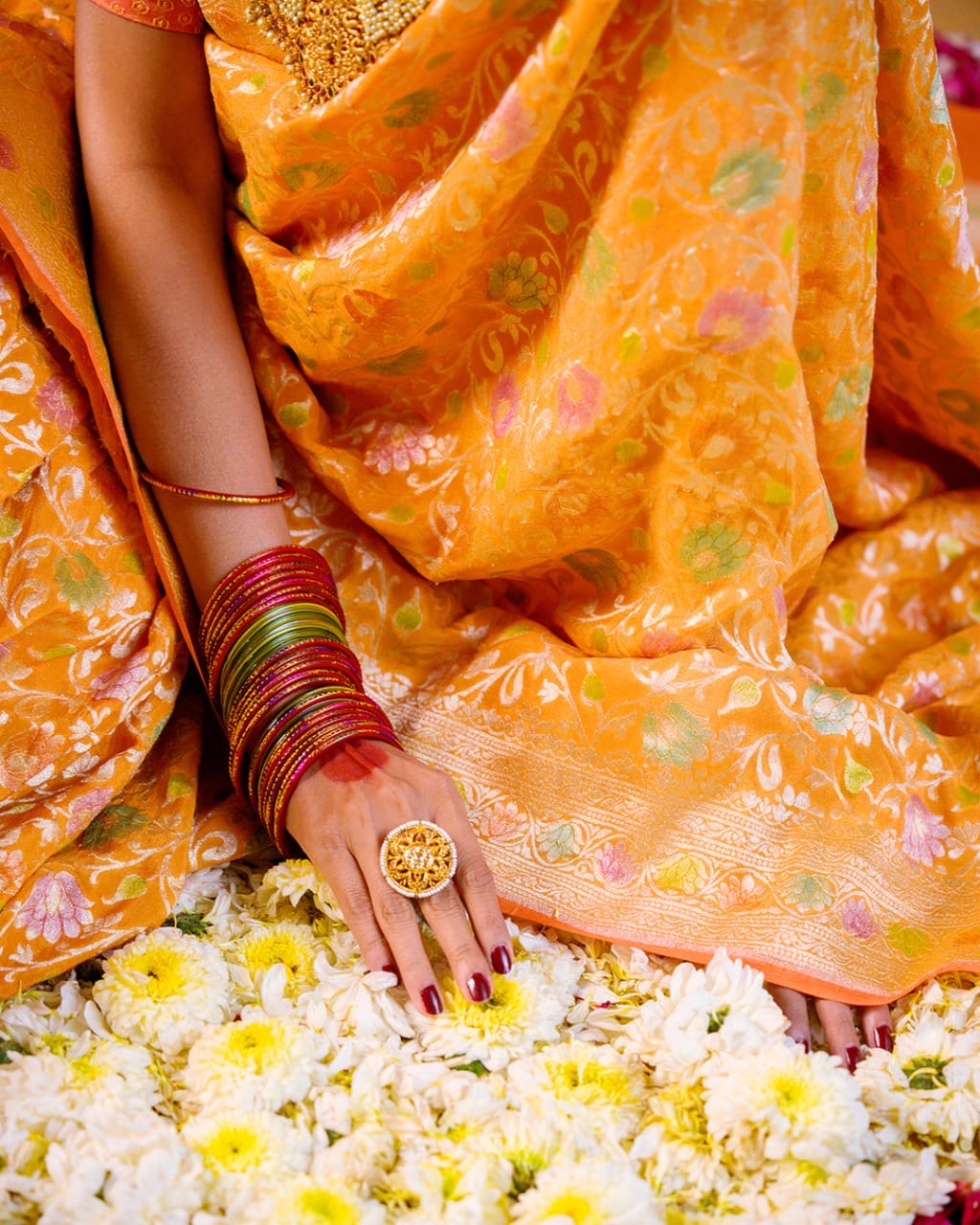 Mustard Orange With Handbrush Pure Khaddi Georgette Silk Banarasi Saree