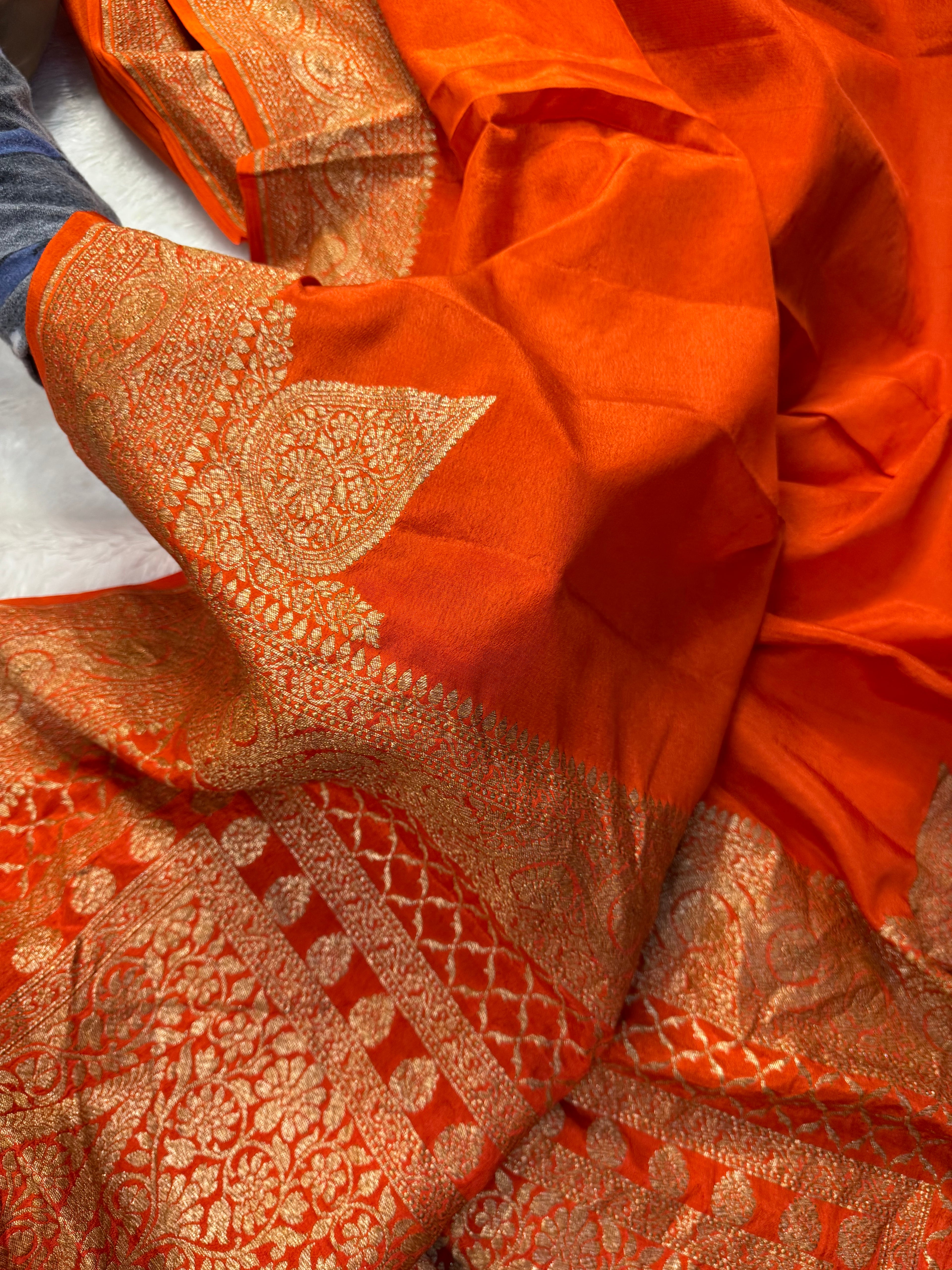 Rust Pure Khaddi Crep Silk Banarasi Saree