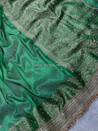 Emerald Green Tissue Silk Banarasi Saree with Pearl Work & Designer Lace Border