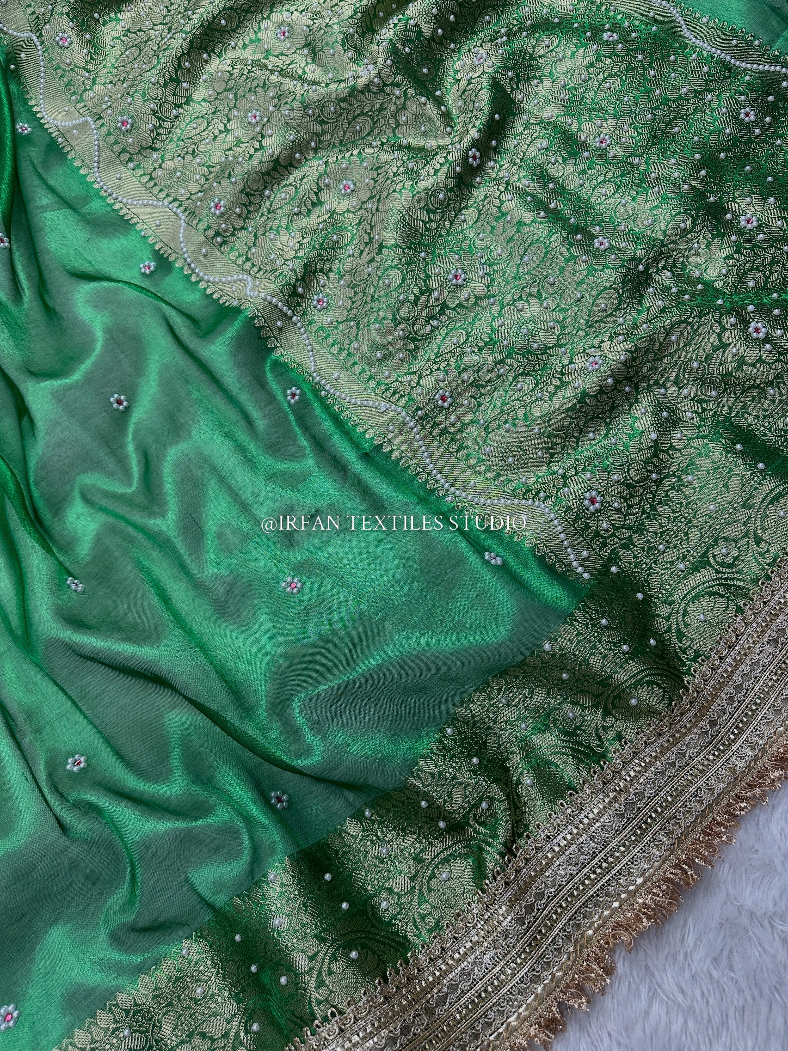 Emerald Green Tissue Silk Banarasi Saree with Pearl Work & Designer Lace Border