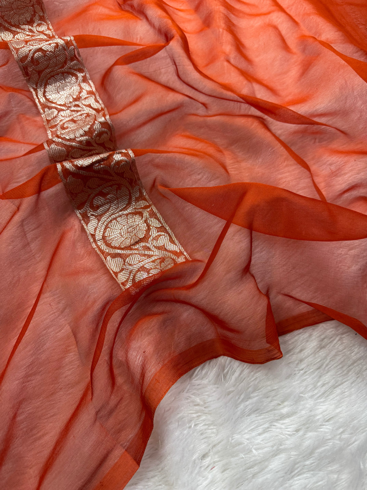 Rust Orange Pure Khaddi Chiffon Silk Banarasi Saree