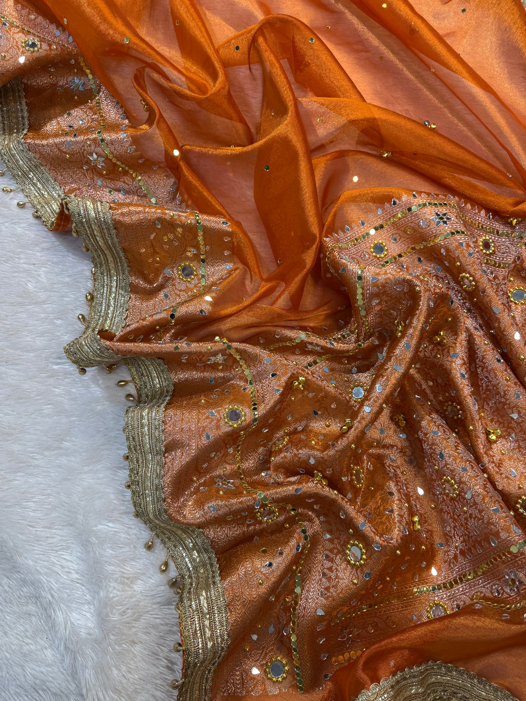 Orange Tissue Silk Banarasi Saree With Ghungroo & Mirror Work Designer Border Lace Saree