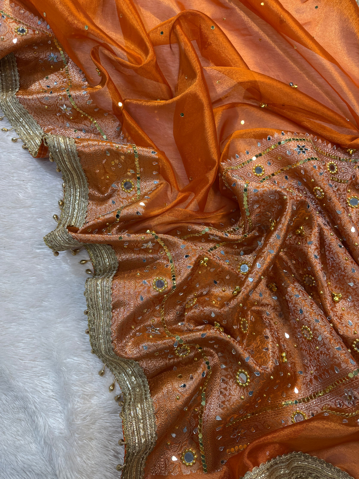 Orange Tissue Silk Banarasi Saree With Ghungroo & Mirror Work Designer Border Lace Saree