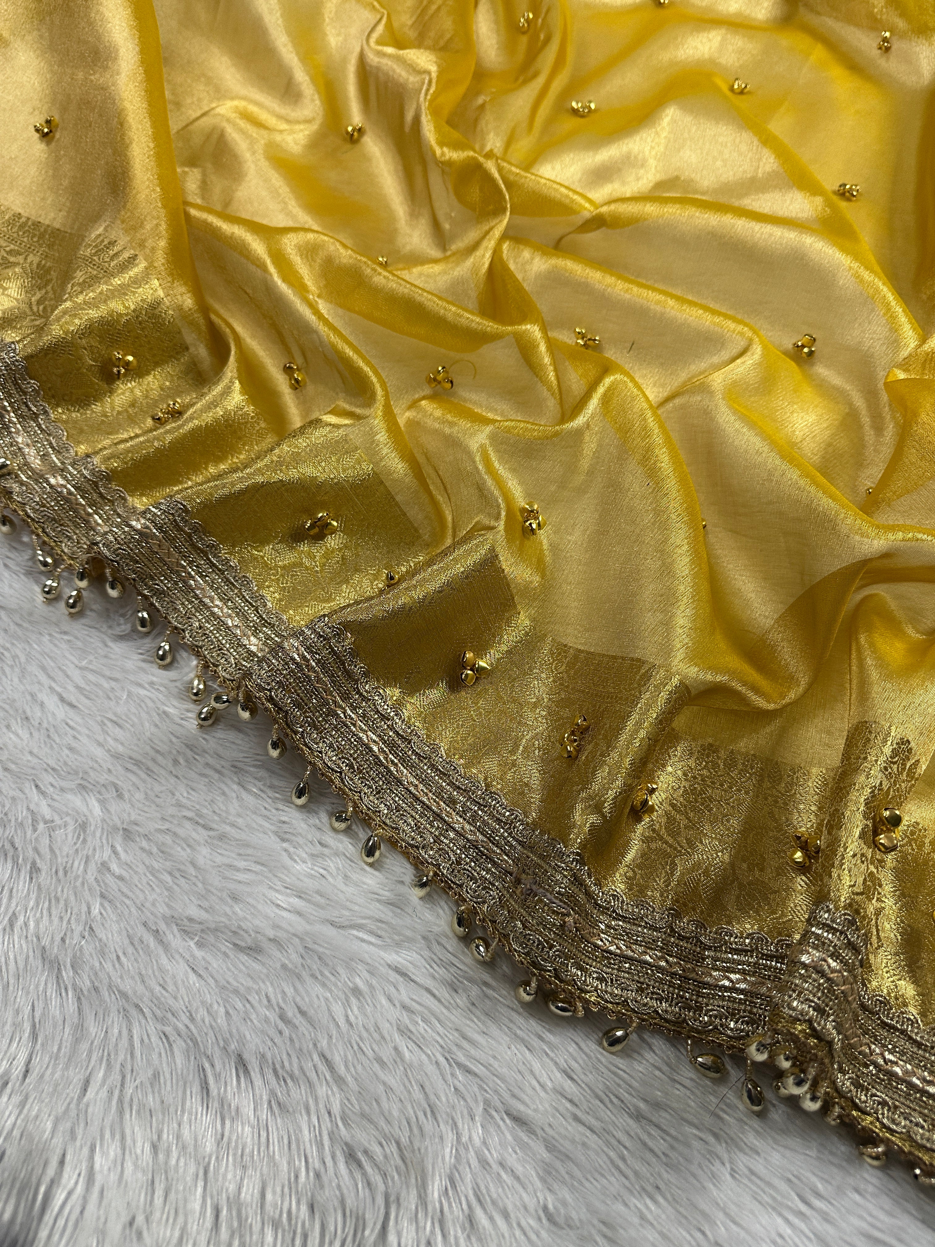 Yellow Tissue Silk Saree With Golden Ghungroo Butti Work & Luxury Lace Border