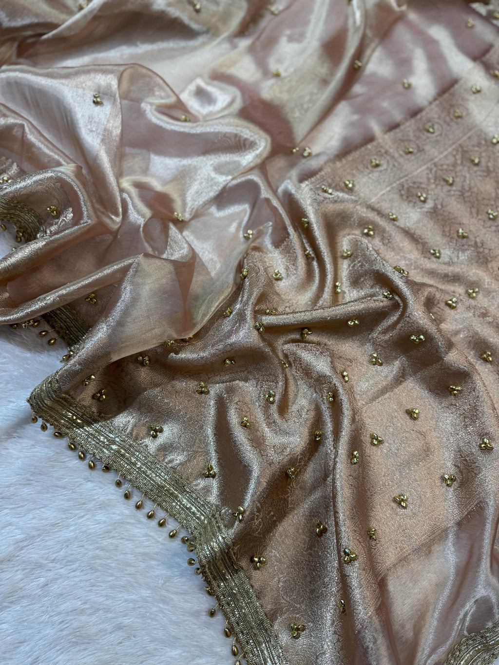 Light Pastel Tissue Silk Saree With Golden Ghungroo Butti Work & Luxury Lace Border