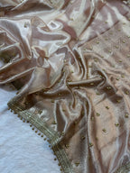 Light Pastel Tissue Silk Saree With Golden Ghungroo Butti Work & Luxury Lace Border