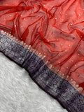 Rust Orange & Dark Wine Pure Khaddi Chiffon Silk Banarasi Saree