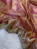 Rose Gold Tissue Silk Saree With Golden Ghungroo Butti Work & Luxury Lace Border