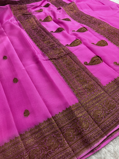 Baby Pink Pure khaddi Chiffon Silk Banarasi Border Booti Saree